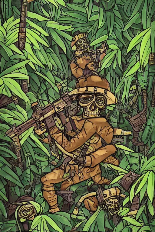 Image similar to a ninja sneaking around in the jungle surrounded by skeletons with ak - 4 7 artwork by eko nugroho