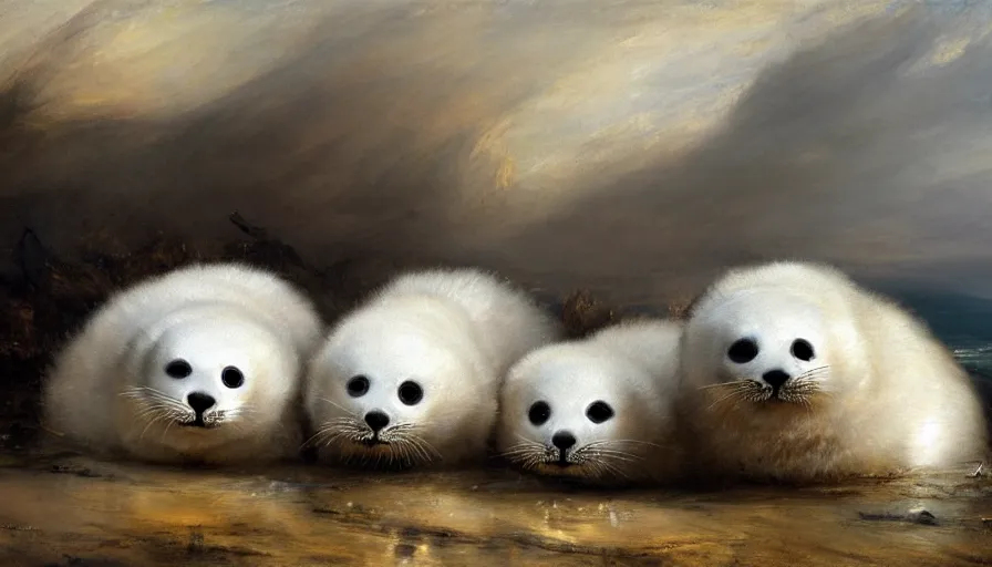 Prompt: highly detailed painting of cute furry white baby seals on a compact japanese drift car by william turner, by greg rutkowski, by william constable, thick brush strokes and visible paint layers, 4 k resolution