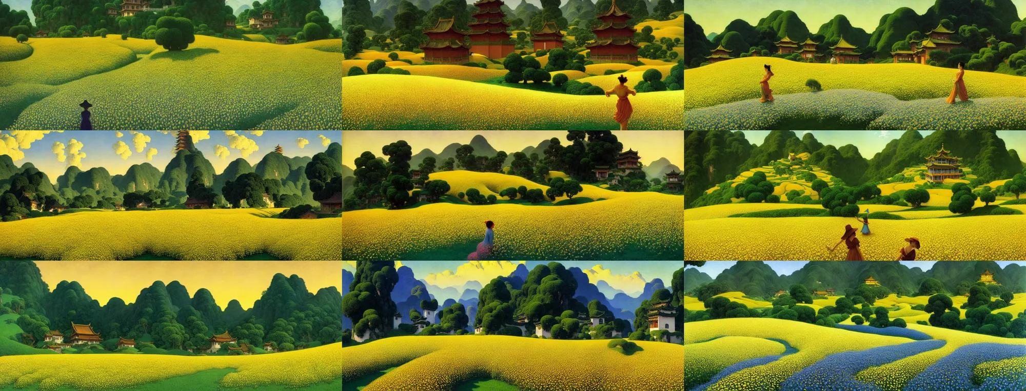 Prompt: overhead shooting, a gorgeous landscape painting by barlowe wayne maxfield parrish and marco mazzoni. china mountain village, traditional huizhou architecture!! an endless grid of rape flower fields by the river!! ultra clear detailed. 3 d, octane render. 8 k
