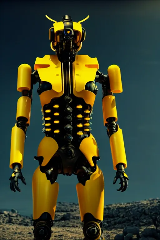 Prompt: a cinematic still from westworld, full body yellow mech bumblebee, humanoid servo, octane render, nvidia raytracing demo, masterpiece, aged armor plating, aggressive head,