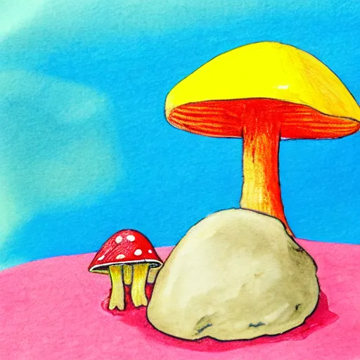 Image similar to a children painting of a cute creature sitting next to a mushroom, detailed, realistic