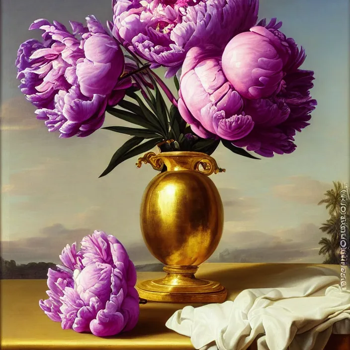 Image similar to still life painting of a beautiful bouquet of purple and pink peonies by pieter claesz, palm trees in the background, oil on canvas, strong lighting, highly detailed, hyper realism, golden hour, god rays, hd, 4 k