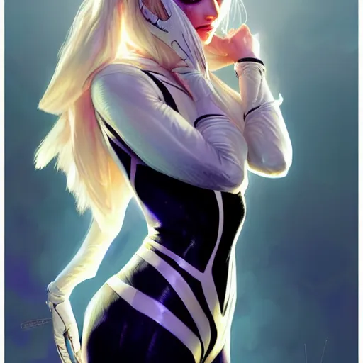 Prompt: Blonde Candice Swanepoel as Spider-Gwen, western, D&D, fantasy, intricate, elegant, highly detailed, digital painting, artstation, concept art, matte, sharp focus, illustration, art by Artgerm and Greg Rutkowski and Alphonse Mucha