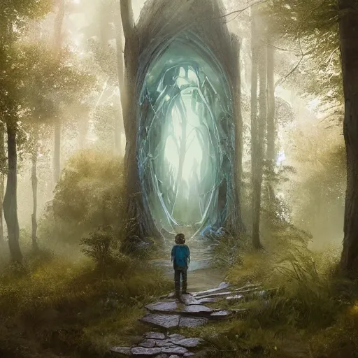 Prompt: ethereal mystery portal, seen by wanderer boy in middle of woods, greg rutkowski art, trending on artstation, artgerm, cgsociety, unreal engine, very smooth, high detail, 4 k, concept art, brush strokes, volumetric lighting, lighting refraction, pixiv art, sharp focus, raging dynamic sky, heavens