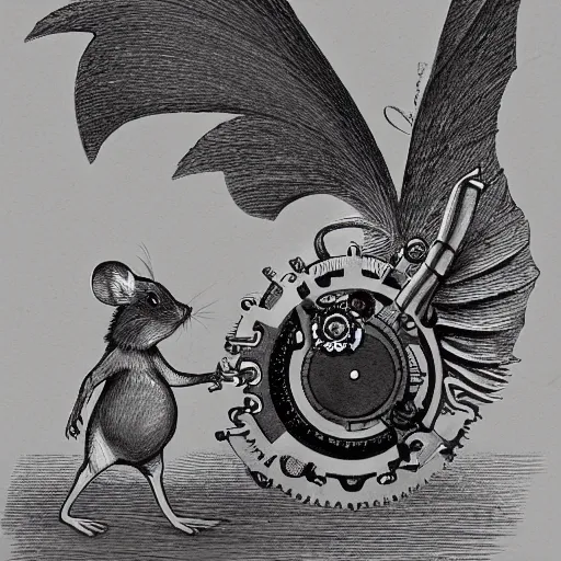 Image similar to a mouse with clockwork wings, fantasy illustration