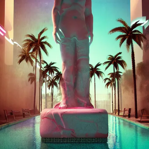 Image similar to a broken statue in a surreal underground white tiled swimming pool surrounded by neon lights and palm trees in vapor wave style, 3D octane render, hyperrealistic, dramatic lighting, unreal engine, houdini, 8k, 4k, raytracing