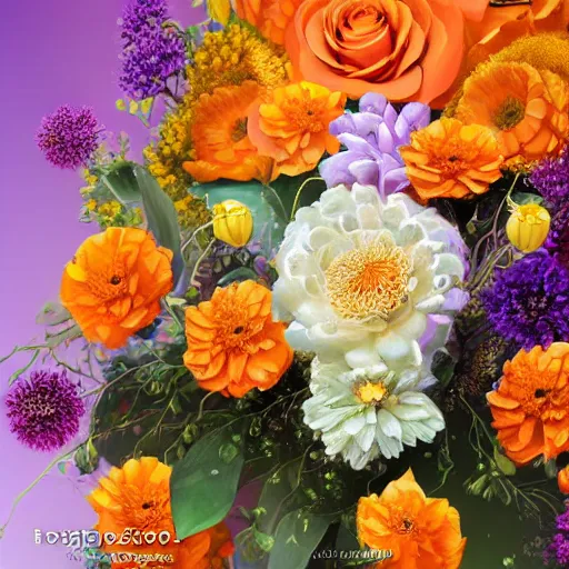 Image similar to a beautiful stunning fantasy matte digital painting of a bouquet made of orange roses and orange chrysanthemums and purple poppies and green eucalyptus and green flora, a photograph painted in the style of Bridal Magazine, professional floral arrangement, professional lighting, trending on artstation hq, contest winner