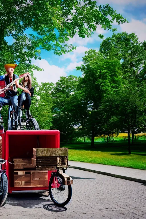 Prompt: band playing in the park with christiania cargobike. Summer. Cinematography, mega scans, cinematic, hyper realistic, photo realistic, cinematic composition, highly detailed, vray, 8k render