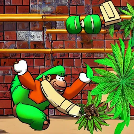 Prompt: Donkey Kong smashing down weed into large silver bags with a wooden mallet