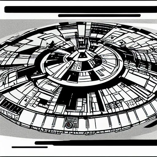 Image similar to The Millennium Falcon starting from the surface of a rocky planet as a monochrome drawing in Bauhaus style