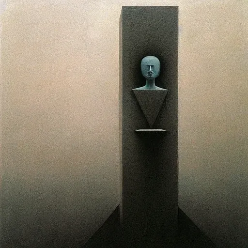 Image similar to soft focus with deep shadows, dystopian surreal painting of eerie grinning head statues and block buildings by zdzisław beksinski