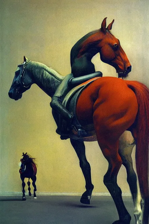 Image similar to a horse stands on the back of a horse astronaut, hauntingly surreal, highly detailed painting by francis bacon, edward hopper, adrian ghenie, gerhard richter, and james jean soft light 4 k,