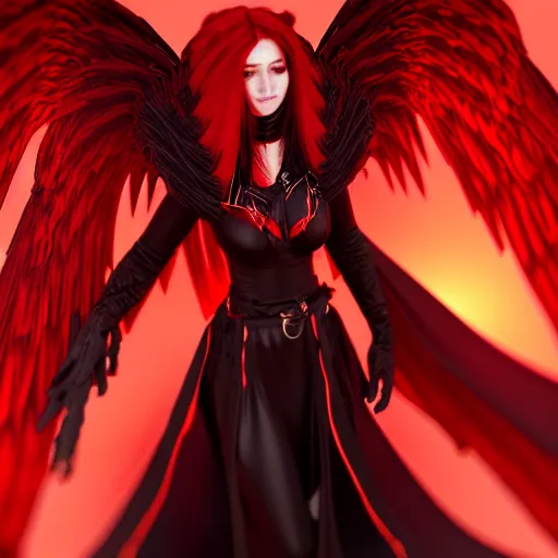 Image similar to beautiful female mage with red hair, black clothing, dark feathered wings, intricate, highly detailed face, trending on artstation, dramatic lighting, 4 k