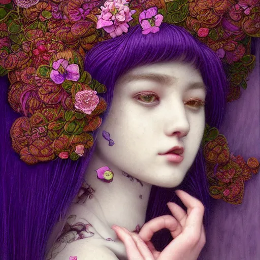 Image similar to purple cat girl, botanical, portrait face, colorful, kupka, intricate, miles johnston, kuroda seiki, cynical realism, ozabu, john william godward, painterly, yoshitaka amano, moebius, miles johnston, louise zhang, james jean, mark ryden lowbrow pop surrealism art style