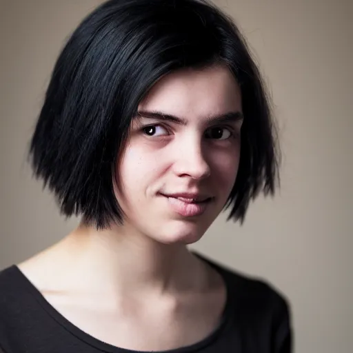 Image similar to young woman with shoulder - length messy black hair, slightly smiling, 1 3 5 mm nikon portrait