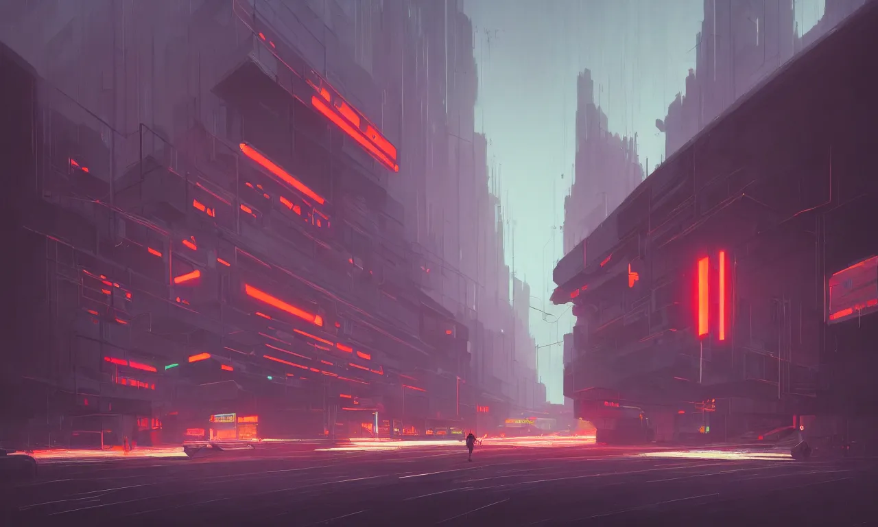 Image similar to simple brutalist architecture, colorful neon lighting, neon signs, greg rutkowski, syd mead, ralph mcquarrie, concept art, matte painting, highly detailed, rule of thirds, dynamic lighting, cinematic, detailed, denoised, centered