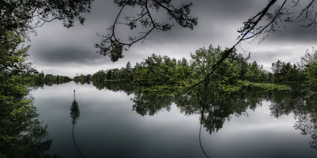 Prompt: centered photograph of a long rope snaking directly on the surface of the water, rope center of the lake, a dark lake on a cloudy day, color film, trees in the background, anamorphic lens