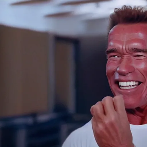 Prompt: Arnold Schwarzenegger selling toothpaste and showing of his glowing white teeth, Tv commercial, picture, realistic