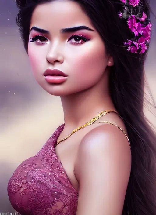 Image similar to dreamlike luxury stunning demi rose portrait wearing kebaya, art by artgerm, wlop, loish, ilya kuvshinov, 8 k realistic, hyperdetailed, beautiful lighting, detailed background, depth of field, symmetrical face, frostbite 3 engine, cryengine,