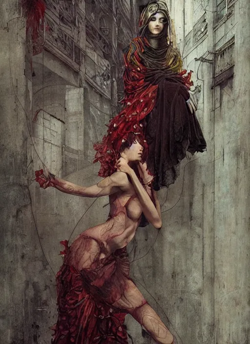 Image similar to women wearing gown, eun emerging from renaissance italy into a cyberpunk mutiversal realm by conrad roset, nicola samuri, dino valls, m. w. kaluta, jakub rebelka, rule of thirds, seductive look, beautiful