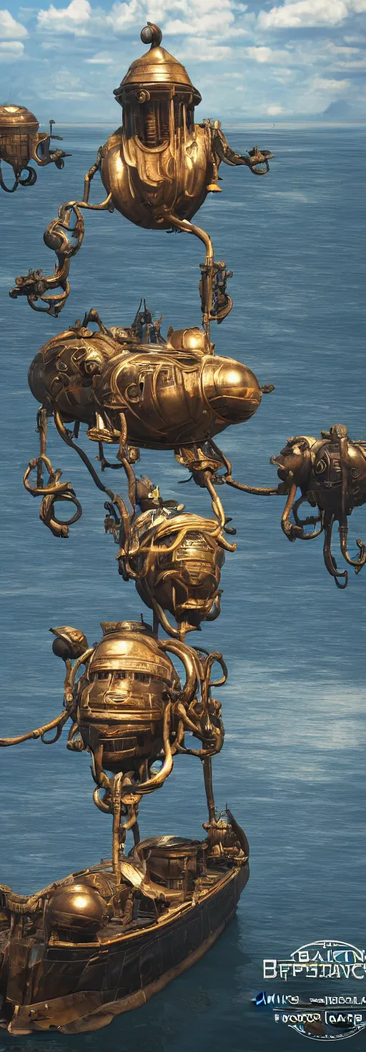 Prompt: a flying futuristic, steamboat from the 1 9 0 0 s with huge african mask on the front of the boat carrying hundreds of african people across the mississippi river, bioshock infinite, detailed, behrens style, unreal 5 render, fantasy digital art, octane render, beautiful composition, trending on artstation