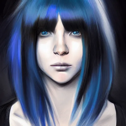 Prompt: « portrait, attractive, blue eyes, black hair, middle length hair, ghost in the shell, front view, digital painting »