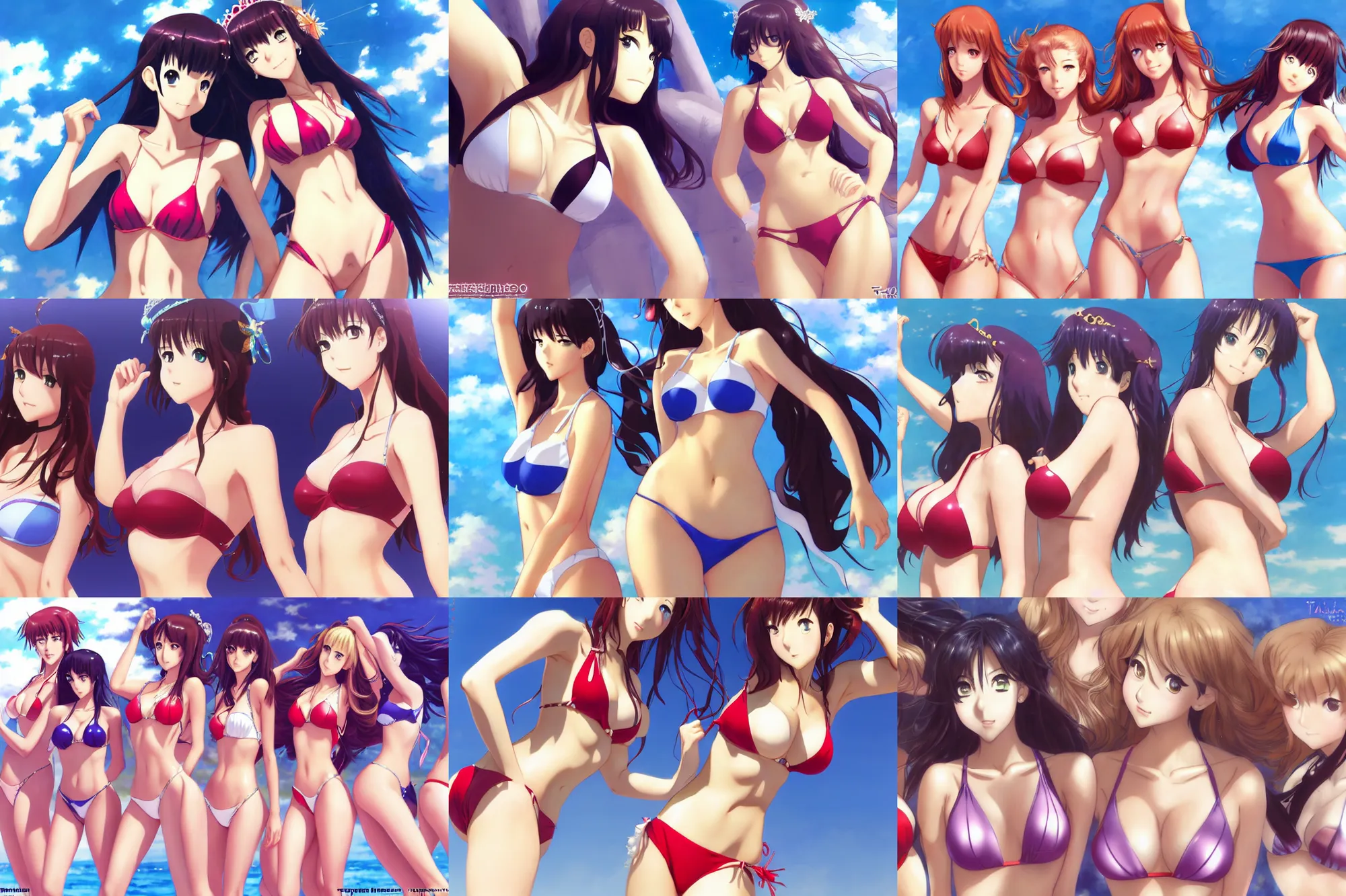 Prompt: close - up princesses posing together in bikini. by takashi takeuchi, yoshiyuki sadamoto, amagaitaro, makoto shinkai, krenz cushart, pixiv