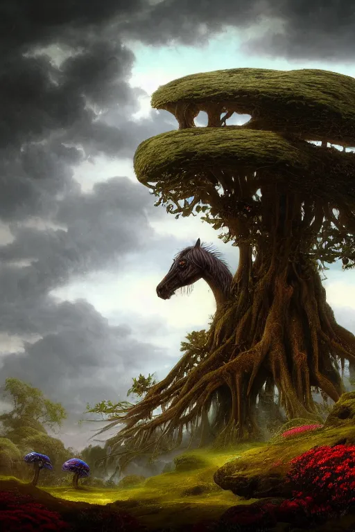 Image similar to a beautiful digital landscape painting of a detailed gothic fantasy horse and roots, dark mushroom, flowers by benoit b. mandelbrot, steven belledin, martin johnson heade, lee madgwick, caspar david friedrich, and david rios ferreira. 8 k resolution trending on artstation concept art digital illustration