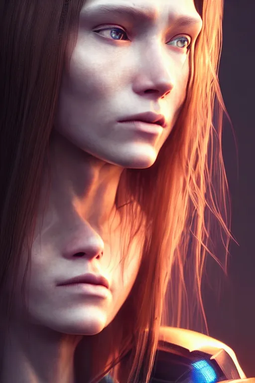 Image similar to a portrait of a beautiful 28th century super cool post-human female with long hair, barely human and largely biomechanical cyberpunk, hyper-realistic, very detailed unreal engine, by Artgerm, WLOP and Ross Thran, dramatic cinematic lighting rendered by octane, 8k, detailed, trending on artstation, deviantart google images, pinterest