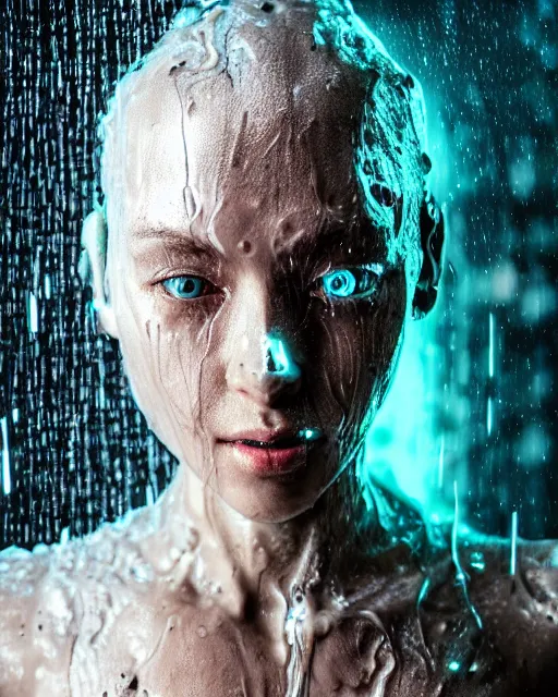 Image similar to photo of soulful female as a cyberpunk mecha humanoid robotic head and face parts with bright led lights, small light emitting cables over face, under a shower, wet skin with water dripping down face, ultra - realistic and detailed, long exposure 8 k