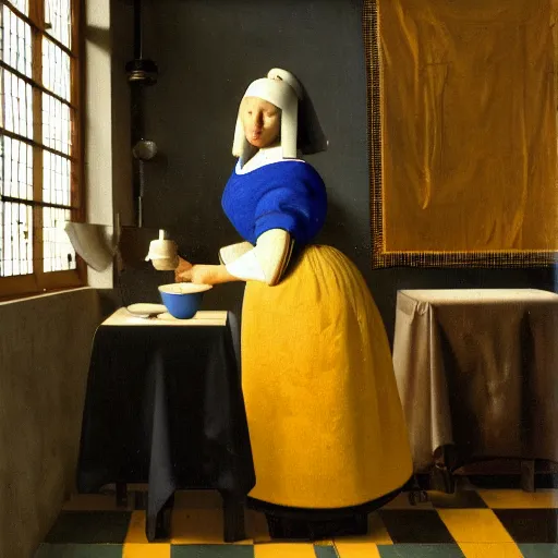 Prompt: oil portrait of a fast food female employee by Jan Vermeer