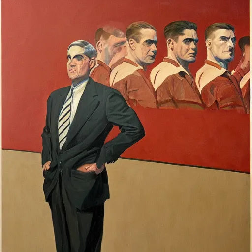 Prompt: socialist realist painting of robert mueller!!! standing with folded arms, disco elysium concept art by j. c. leyendecker and diego rivera