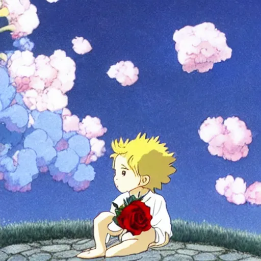 Image similar to the little prince kisses the rose, painted by studio ghibli