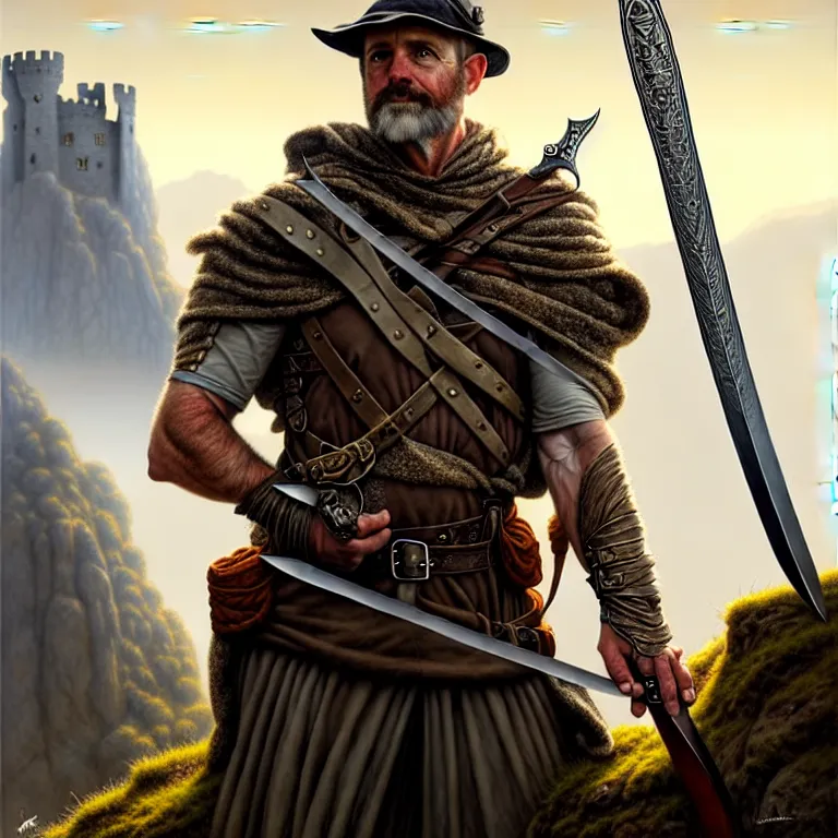 Image similar to middle age ranger with rugged expressions falcon pet on his shoulder holding a high detailed long sword, top a cliff observing old ruins of a castle, elegant clothing, photorealistic render, matte painting, highly detailed, artstation, smooth, sharp focus, art by michael whelan, artgerm, greg rutkowski