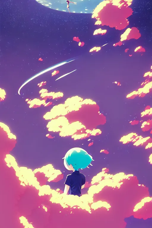 Prompt: lonely child floating in a spacestation, akihito yoshida, hisashi eguchi, yuya nagai, Ilya Kuvshinov, murata range, jean giraud, makoto shinkai, kawaii, vibrant bright colors,matte,manga,anime, high saturation, detailed, fantasy