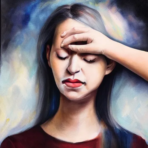 Prompt: portrait of a expressionless woman holding a note on her hand while tears flow, realistic painting