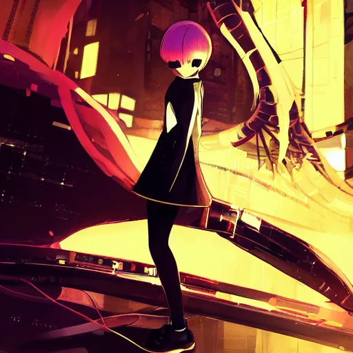 Image similar to Frequency indie album cover, luxury advertisement, golden filter, golden and black colors. A clean and detailed post-cyberpunk sci-fi close-up schoolgirl, she is very powerful, in asian city in style of cytus and deemo, mysterious vibes, by Tsutomu Nihei, by Ilya Kuvshinov, by Greg Tocchini, nier:automata, Yorda from Ico and Lain Iwakura, set in half-life 2, beautiful with eerie vibes, very inspirational, very stylish, with gradients, surrealistic, dystopia, postapocalyptic vibes, depth of field, mist, rich cinematic atmosphere, perfect digital art, mystical journey in strange world, beautiful dramatic dark moody tones and studio lighting, shadows, bastion game, arthouse