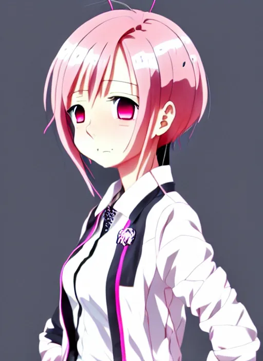 Image similar to anime portrait of a beautiful woman, pink hair, wearing white polo and dark jacket, ilya kuvshinov, anime, pixiv top monthly, trending on artstation, cinematic, danbooru, zerochan art, kyoto animation