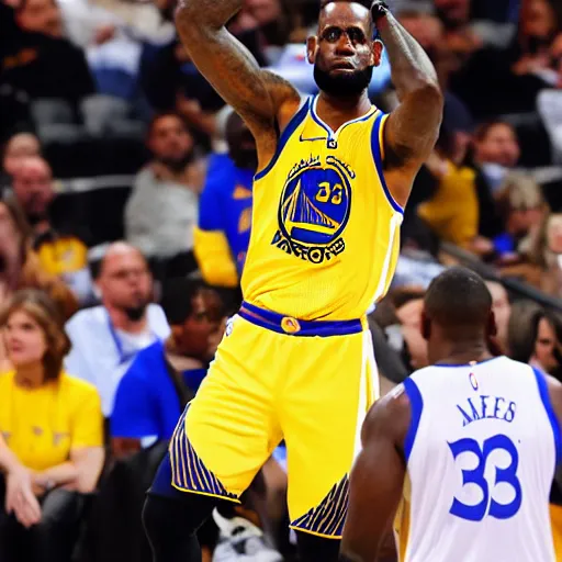 Prompt: professional close!!! up!!! shot!!! photograph of lebron james wearing a golden state warriors jersey in an nba game, wearing nba jersey, focus on face, clear image, as seen on getty images, smooth, uncompressed,