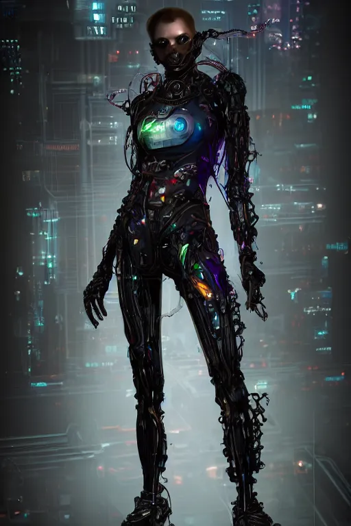 Image similar to a beautiful insufficently dressed metahuman biomechanical heavily cybered female shadowrunner fullbody portrait by echo chernik in the style of shadowrun returns pc game. 8k 3d realistic render. Dark atmosphere volumetric lighting. Cyberpunk feel. Hypermaximalist ultradetailed cinematic charachter concept art. Uncut, unzoom, centered, feminine pose. Digital illustration.