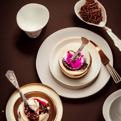 Prompt: extremely delicious looking photo of beautiful sweet unique style dessert in fancy stylish cup, very expensive top quality product, michelin star, most perfect desert on the world, small manufacture, unique style, 8 k, product photography, professional studio photography