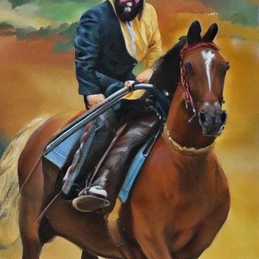 Prompt: a painting of billy mays riding a horse, elegant