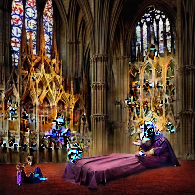 Prompt: a child sitting in his bed screaming, the bed is inside a gothic cathedral, under the bed is a hideous laughing demon dressed as a catholic priest, religious symbols, digital art, hyperrealistic nightmare, terrifying, supernatural, highly detailed, creepy