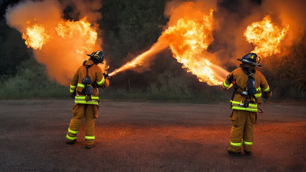 Prompt: photo of a firefighter using a flamethrower projecting a long flame