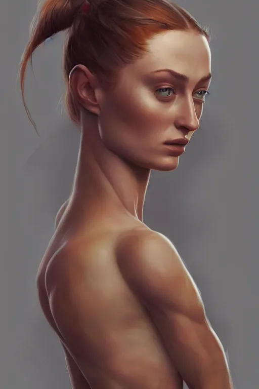 Prompt: Sophie Turner with a ponytail, anatomy, only two hands, highly detailed, digital painting, artstation, concept art, smooth, sharp focus, illustration, Unreal Engine 5, 8K, art by art by artgerm and greg rutkowski and edgar maxence