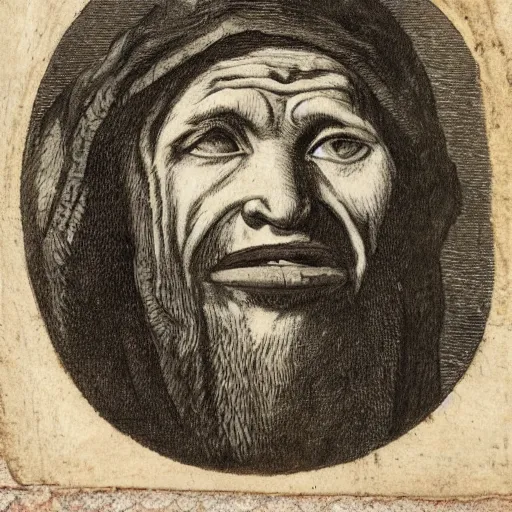 Image similar to A 17th Century beggar, with the letter B carved on his forehead, filthy, haggard, no teeth, dirty hair, Breughel