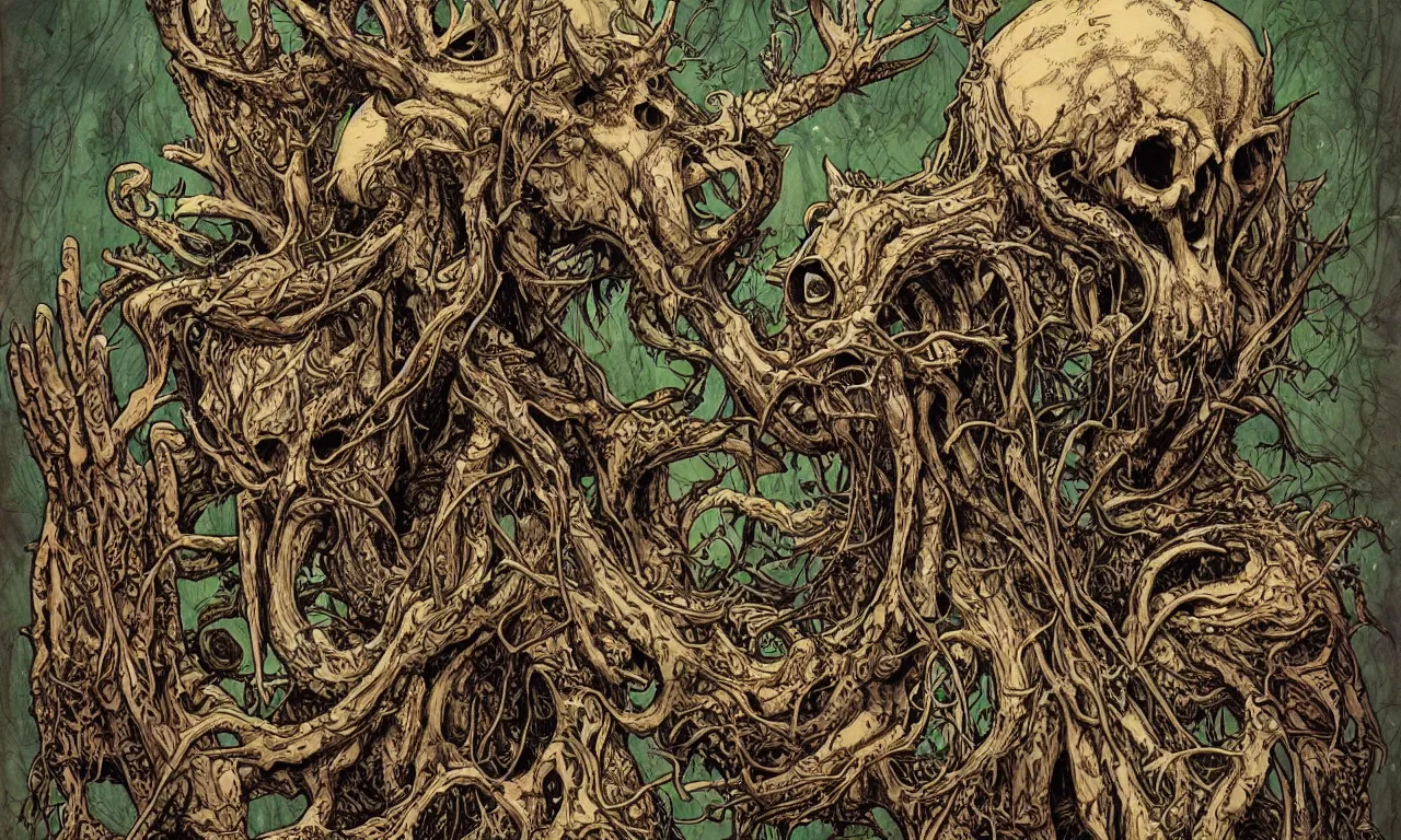 Image similar to hyperdetailed art nouveau portrait of treebeard as a cthulhu eyeball skull wendigo dragon werewolf, by geof darrow, simon bisley and bill sienkiewicz, grim yet sparkling atmosphere, photorealism, claws, skeleton, antlers, fangs, forest, wild, crazy, horror, lynn varley, lovern kindzierski, steve oliff