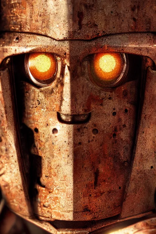 Image similar to a close-up portrait of a rusty and damaged robot, dramatic backlighting, golden hour, autochrome, high contrast, highly detailed, sharp focus, digital painting, concept art, illustration, rock, chiaroscuro, trending on artstation, art by lou romano and Steven Stahlberg