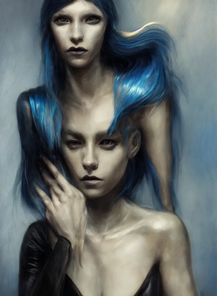 Prompt: a half portrait of a young sorceress wearing an azure leather dress from skyrim, platinum hair, fantasy setting, beautiful face, dark colors, scary lighting, atmospheric, cinematic, moody, in the style of diego koi, gina heyer, luiz escanuela, art by alyssa monk, hyperrealism, rule of thirds, golden ratio, oil on canvas, 8 k