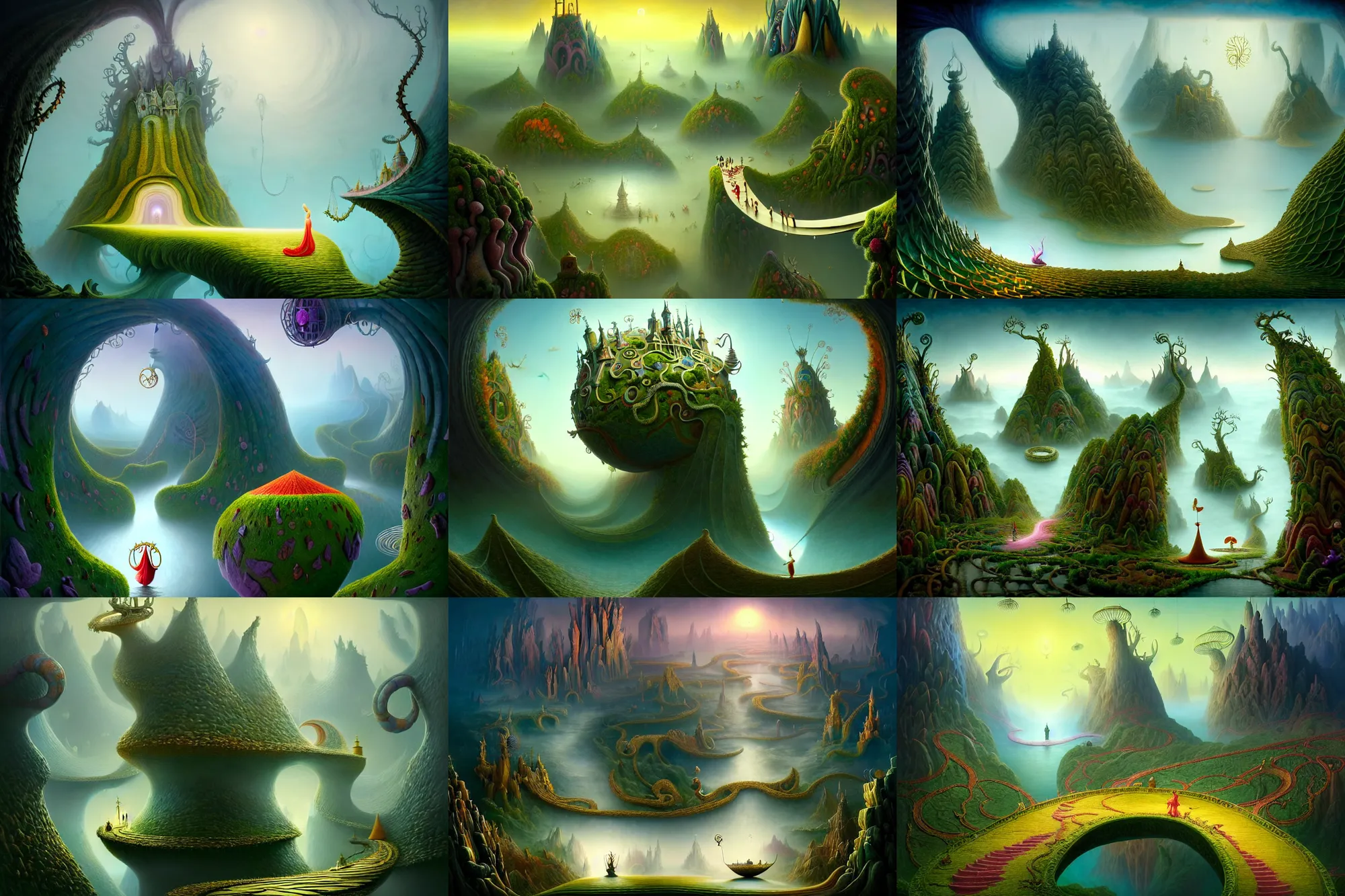 Prompt: a beguiling epic stunning beautiful and insanely detailed matte painting of the impossible winding path in a dream world with surreal architecture designed by Heironymous Bosch, dream world populated with mythical whimsical creatures, mega structures inspired by Heironymous Bosch's Garden of Earthly Delights, vast surreal landscape and horizon by Cyril Rolando and Tyler Edlin and Mike Azevedo, masterpiece!!!, grand!, imaginative!!!, whimsical!!, epic scale, intricate details, sense of awe, elite, wonder, insanely complex, masterful composition!!!, sharp focus, fantasy realism, dramatic lighting